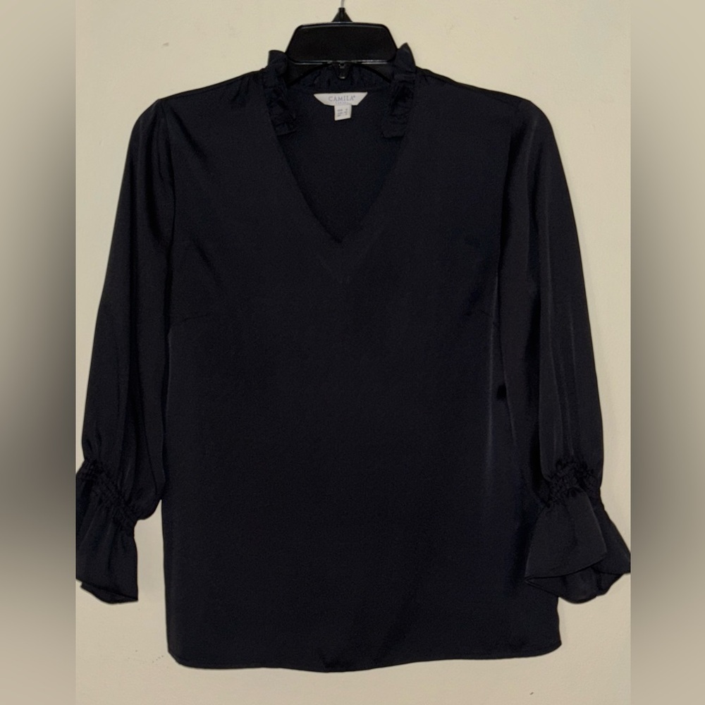 Camila Black V-Neck Ruffle Top 3/4 Sleeves